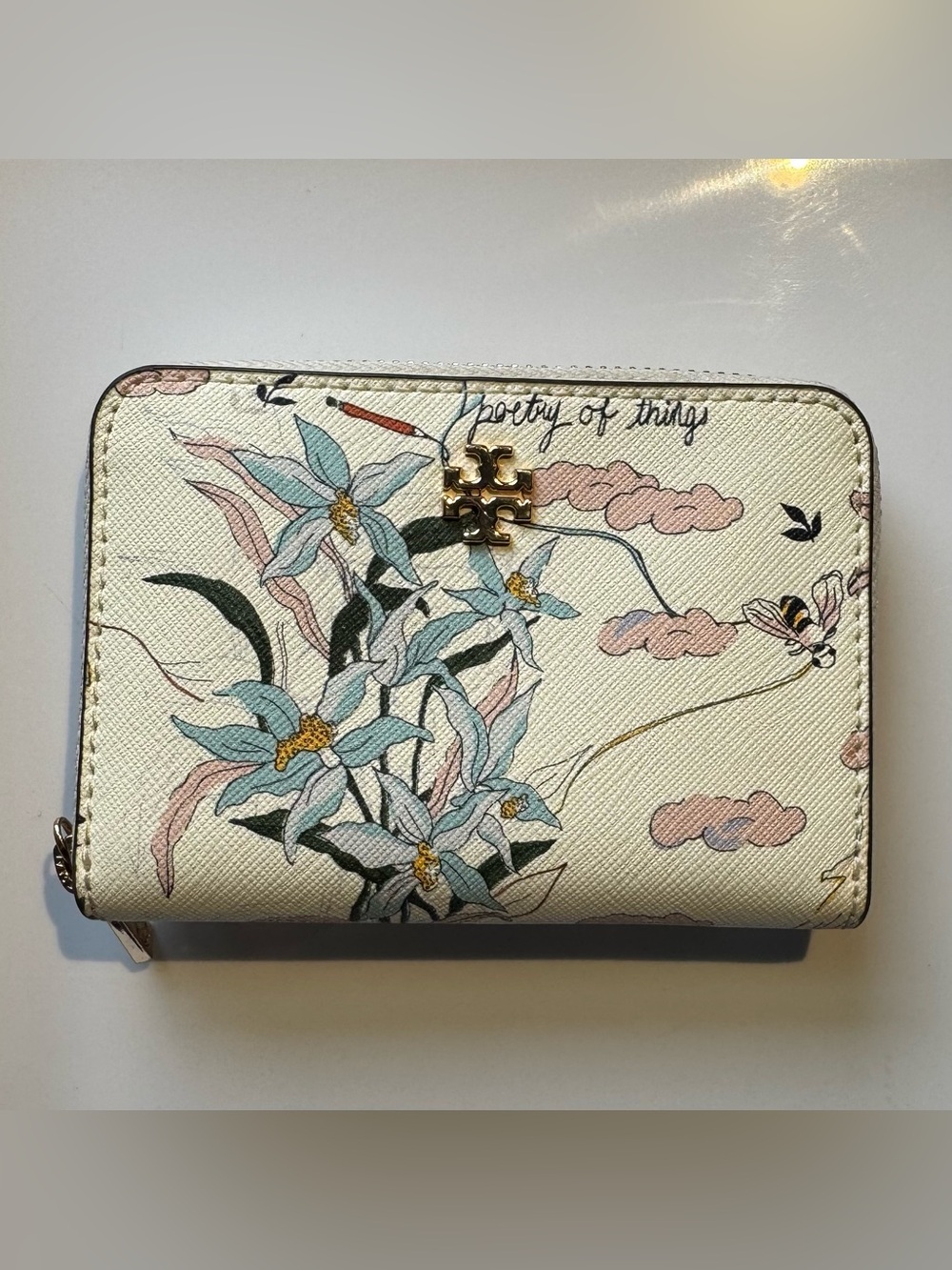 Tory Burch White Zip Wallet with Light Blue Floral Print and Pink Cloud Accents - Picture 3 of 6